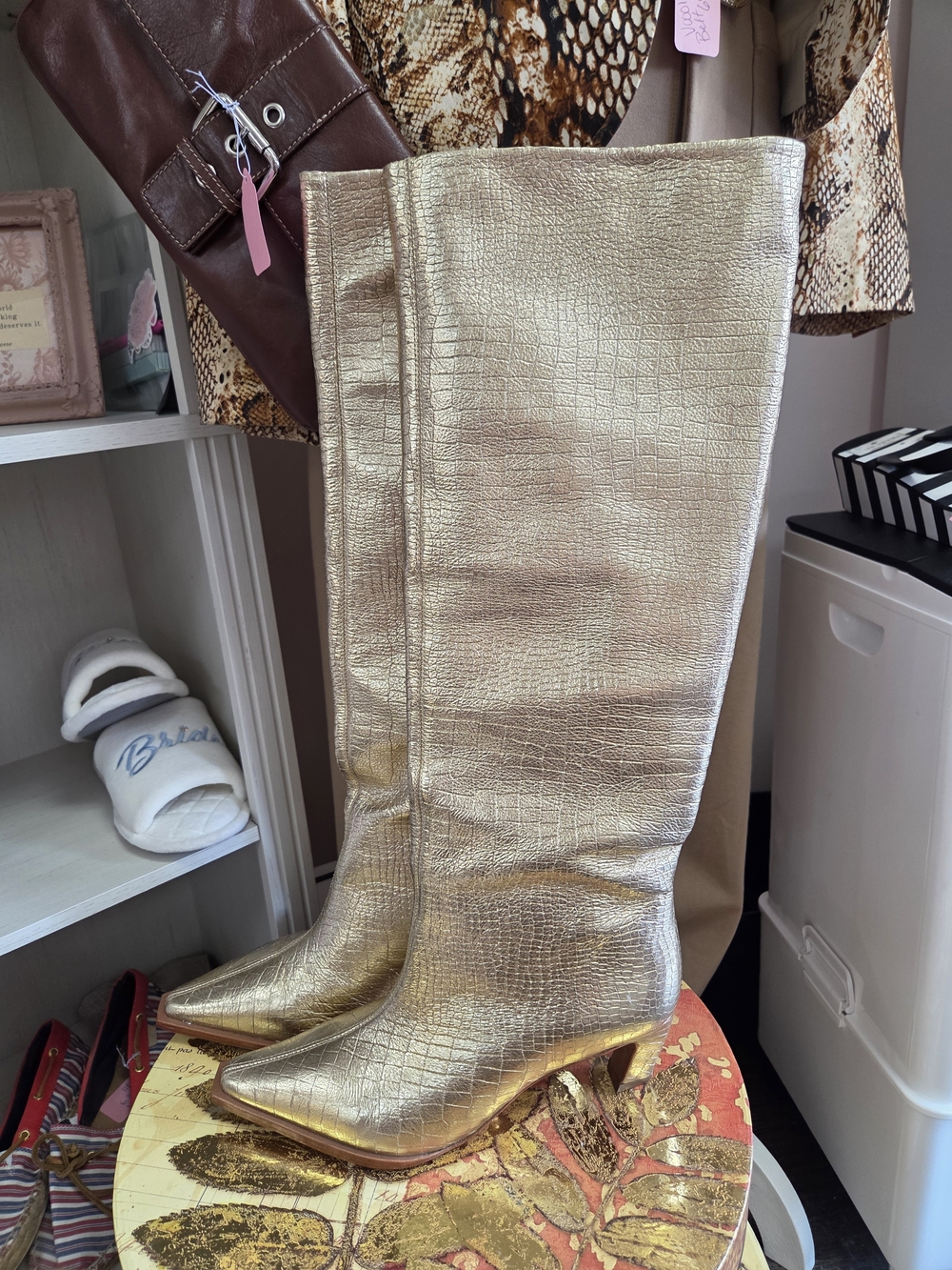 Camila Coelho Metallic Gold Knee-High Heeled Boots